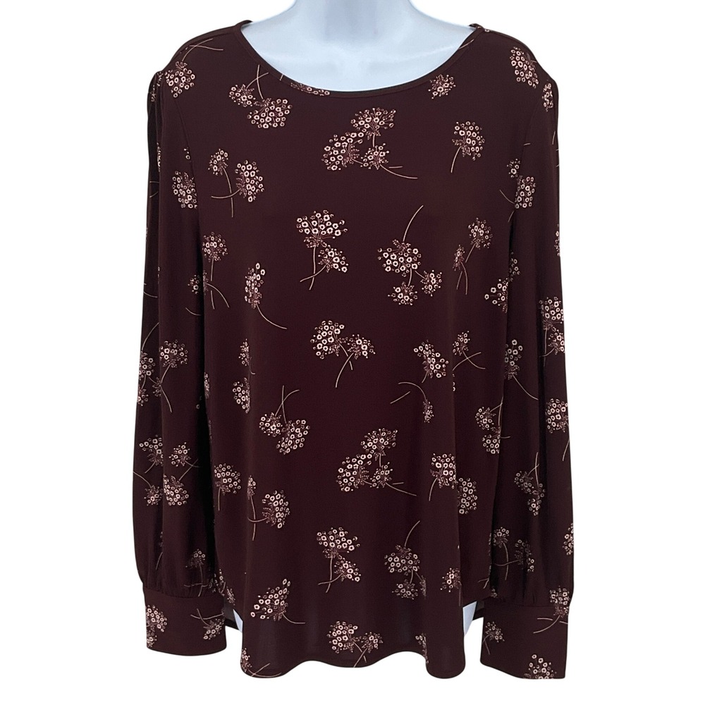 Ann Taylor Blouse Women L Burgundy Floral Puff Sleeve Dark Academia Preppy